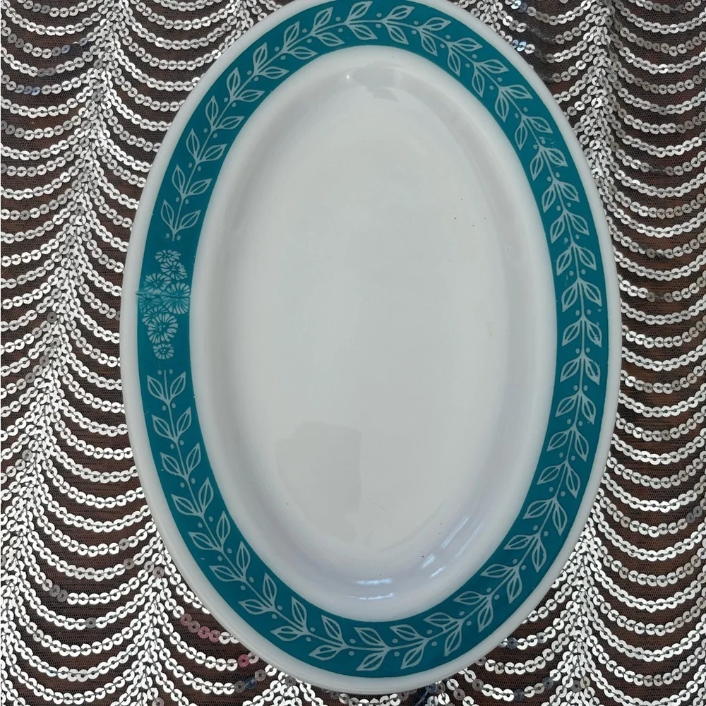 Vintage Anchor Hocking Teal and White Oval Platter